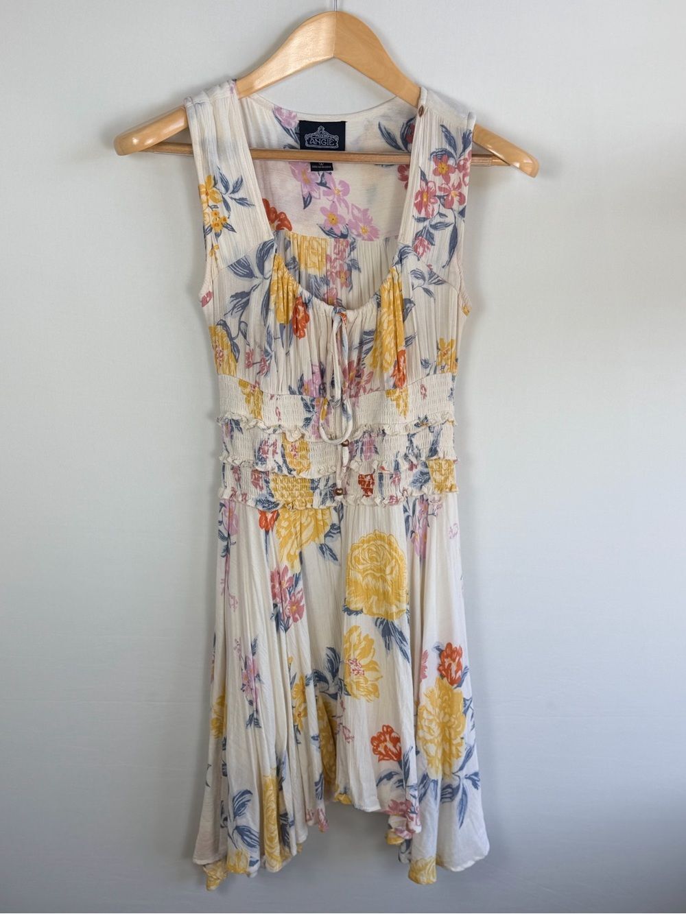 Angie Ivory Yellow Floral Crinkle Rayon Smocked Waist Midi Dress Small